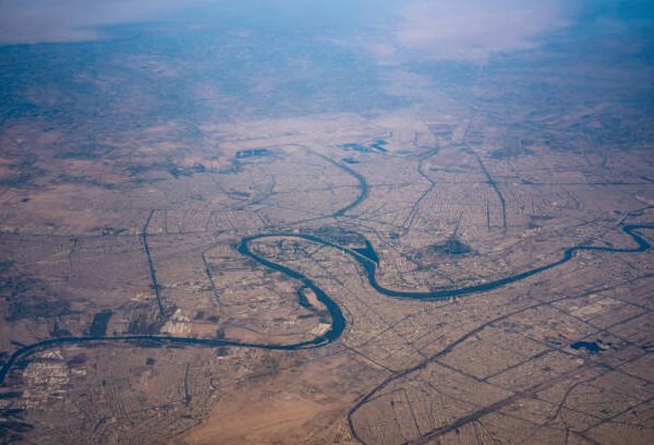 View of Baghdad and river Tigris from airplane