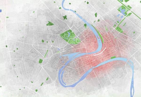 Map of Baghdad, satellite view, city, streets parks and rivers