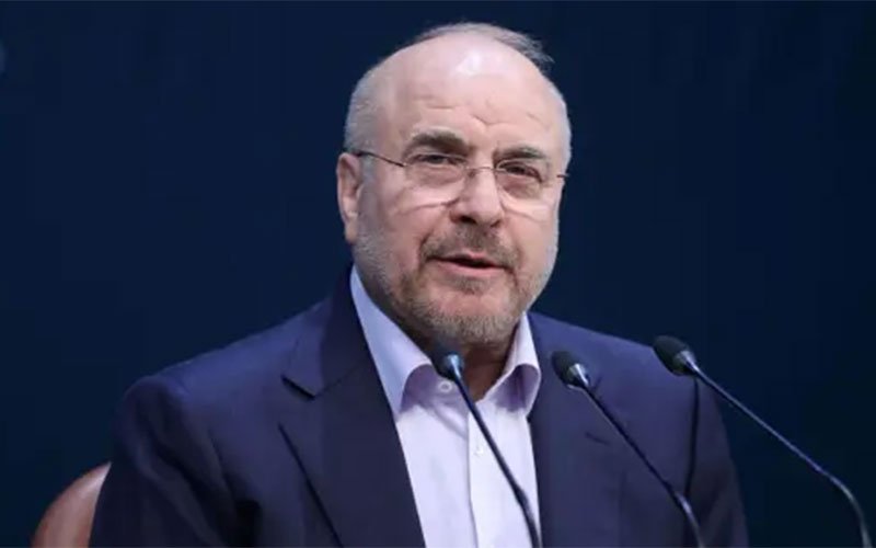 صورة بورتريه لرئيس مجلس الشورى الإيراني محمد باقر قاليباف يرتدي بدلة داكنة وينظر للأمام أثناء حديثه خلف الميكروفونات 