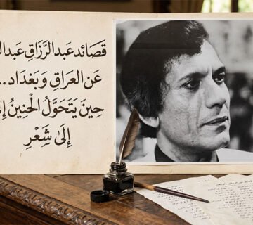 لوحة عرض خشبية تضم صورة أبيض وأسود للشاعر عبد الرزاق عبد الواحد بجانب مخطوطة مكتوبة بخط عربي مع أوراق وقلم حبر تقليدي على مكتب خشبي 