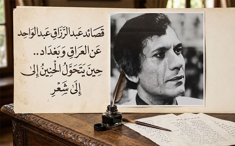 لوحة عرض خشبية تضم صورة أبيض وأسود للشاعر عبد الرزاق عبد الواحد بجانب مخطوطة مكتوبة بخط عربي مع أوراق وقلم حبر تقليدي على مكتب خشبي 