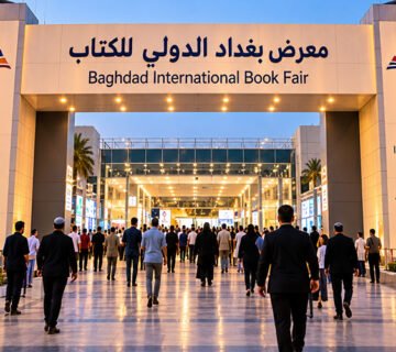 لقطة ليلية لبوابة مدخل معرض بغداد الدولي للكتاب في دورته الـ 27 مع توافد الزوار نحو القاعة المضاءة 