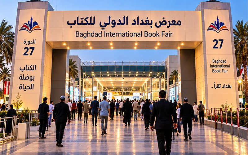 لقطة ليلية لبوابة مدخل معرض بغداد الدولي للكتاب في دورته الـ 27 مع توافد الزوار نحو القاعة المضاءة 