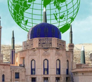 تصميم لمبنى إسلامي بمآذن على شكل صواريخ وخلفه مجسم الكرة الأرضية 