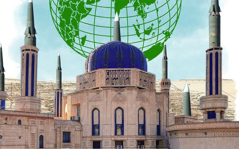 تصميم لمبنى إسلامي بمآذن على شكل صواريخ وخلفه مجسم الكرة الأرضية 
