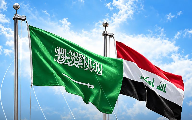 العلمان العراقي والسعودي يرفرفان جنباً إلى جنب تحت سماء زرقاء 